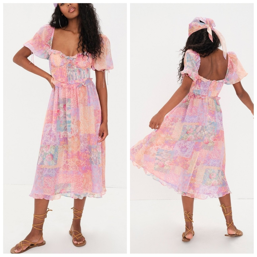For Love & Lemons Odessa Puff Sleeve Bustier Midi Dress